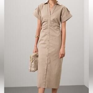 Saunders Khaki Beige Midi Shirt Dress SIZE 16